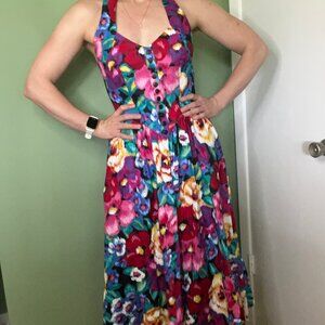 INSANE Vintage Smocked Floral Halter Dress Buttons Pockets Size 8 Robbie Bee